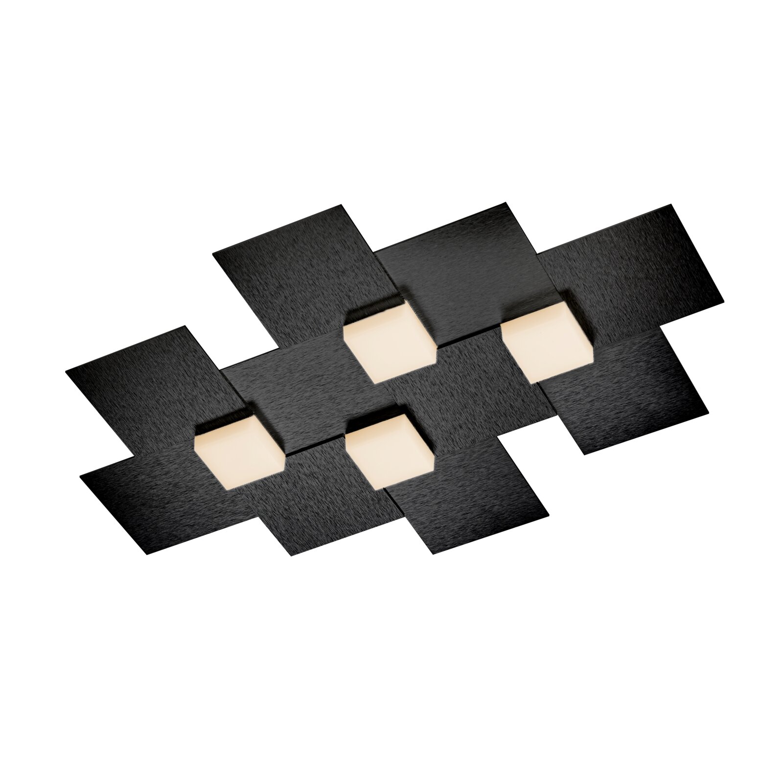 Moderne schwarze LED-Deckenleuchte mit geometrisch angeordneten quadratischen Platten und vier warmweiß leuchtenden Würfeln, aus schräger Untersicht vor weißem Hintergrund