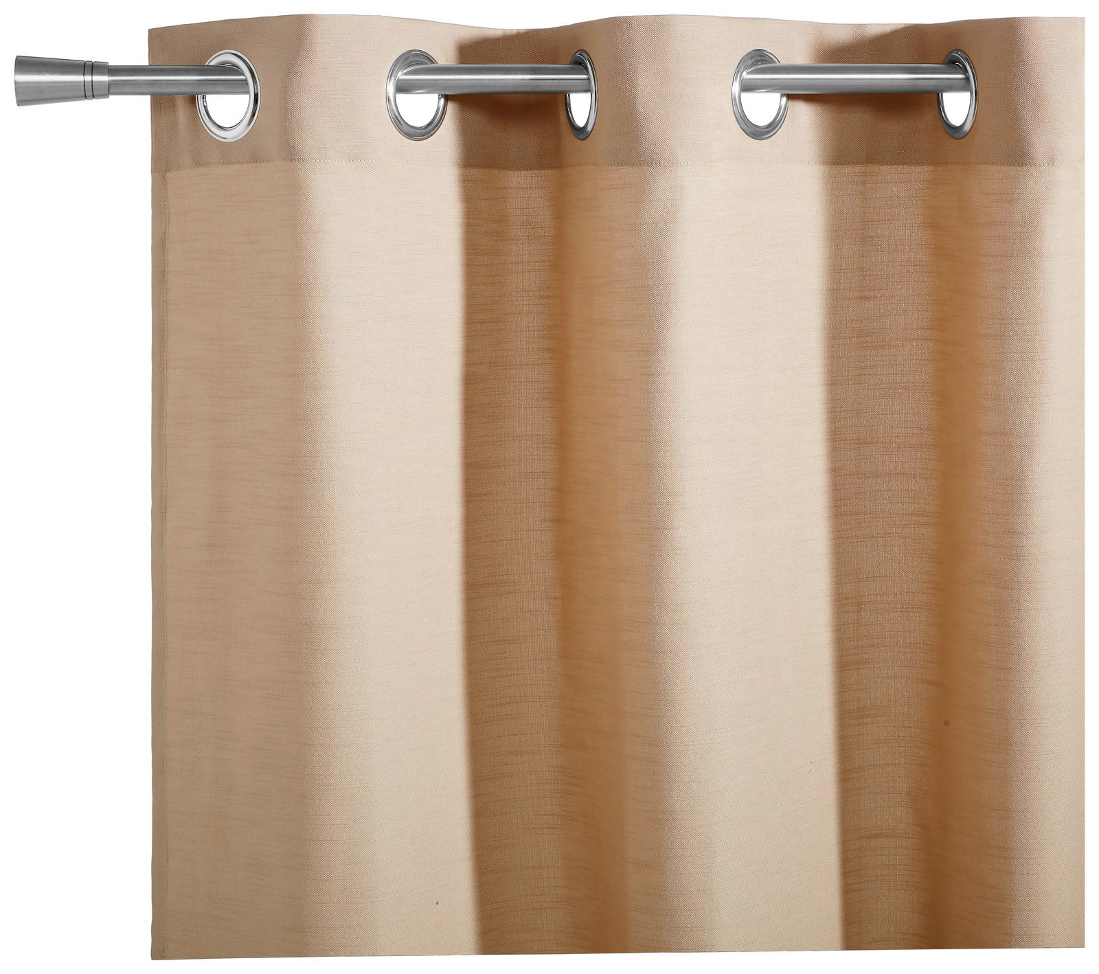 Beiger Ösenschal 140/250cm Moonlight, frontal fotografiert, mit silbernen Ösen an einer Gardinenstange befestigt.