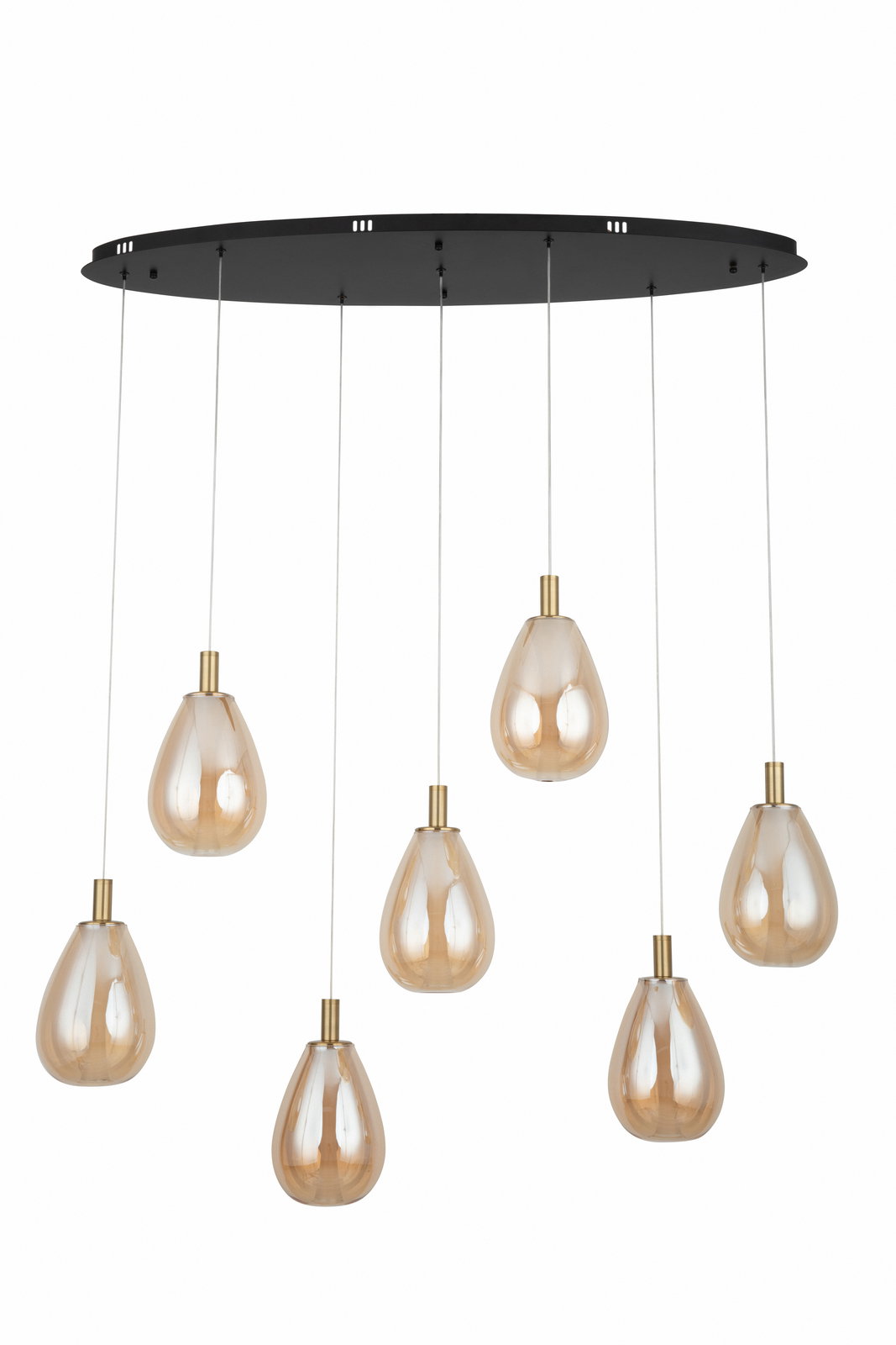 Moderne LED-Hängeleuchte mit sieben tropfenförmigen, bernsteinfarbenen Glaskörpern, aufgehängt an einem schwarzen, runden Baldachin. Ansicht von unten.