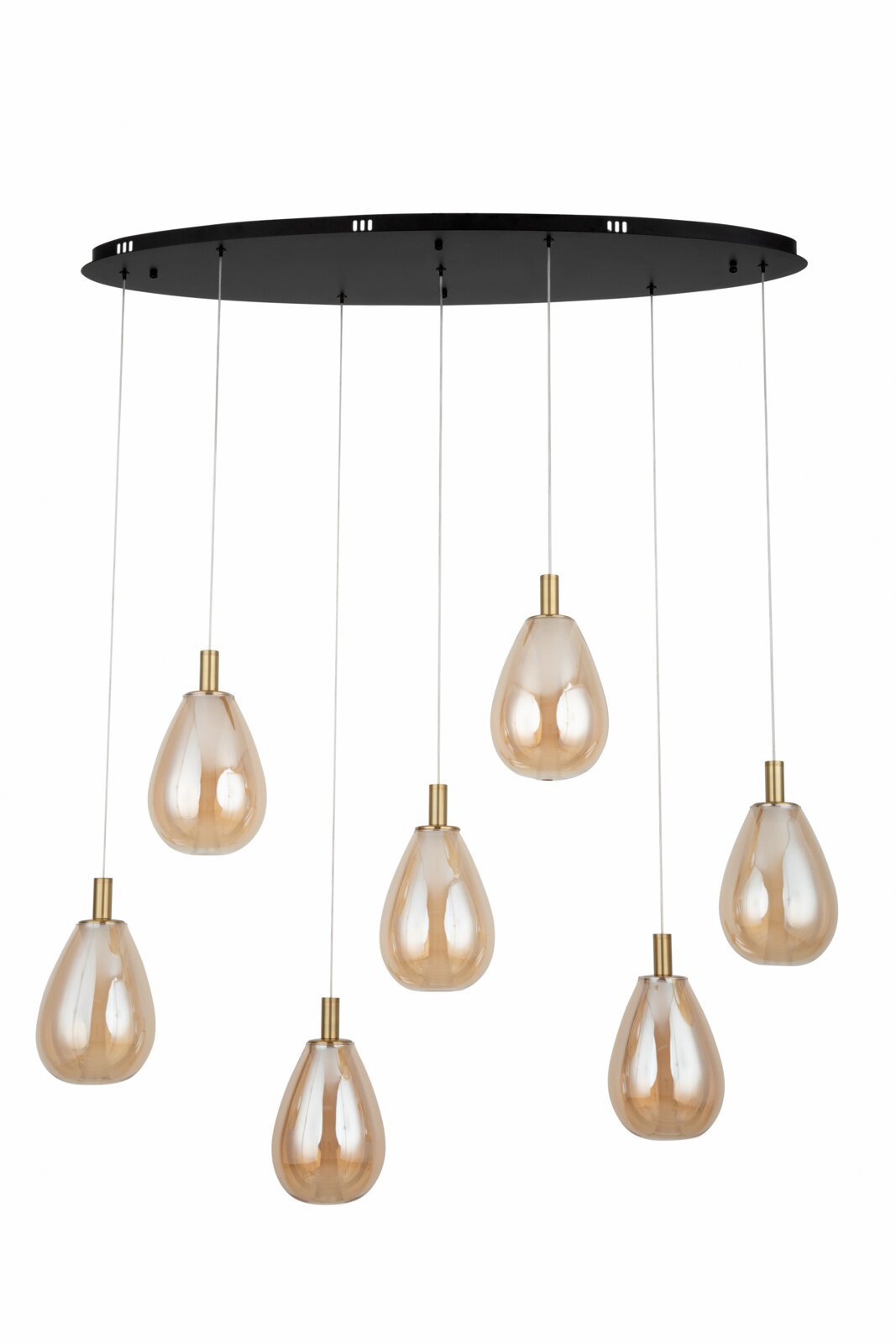 Moderne LED-Hängeleuchte mit sieben tropfenförmigen, bernsteinfarbenen Glaskörpern, aufgehängt an einem schwarzen, runden Baldachin. Ansicht von unten.