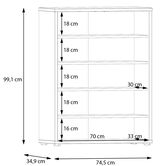 Schuhschrank niedrig mit fünf Regalböden, Maße 99,1 cm Höhe, 74,5 cm Breite, 34,9 cm Tiefe, seitliche Perspektive