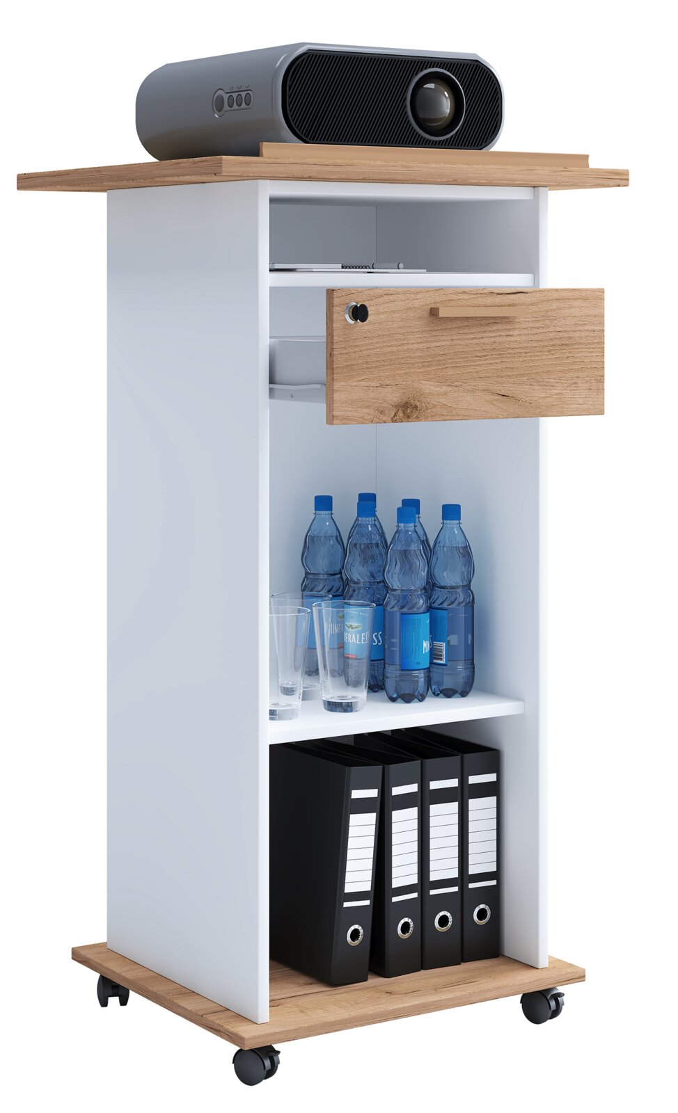 Weißer Rollcontainer mit Holzplatte, offener Schublade und Regalfächern mit Wasserflaschen, Gläsern und Ordnern 3/4-Ansicht von vorne links