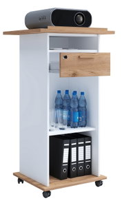 Weißer Rollcontainer mit Holzplatte, offener Schublade und Regalfächern mit Wasserflaschen, Gläsern und Ordnern; 3/4-Ansicht von vorne links