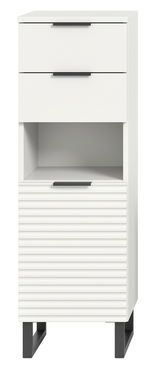 Weißer Standschrank mit zwei Schubladen, einem offenen Fach und einer geriffelten Tür, frontal betrachtet.