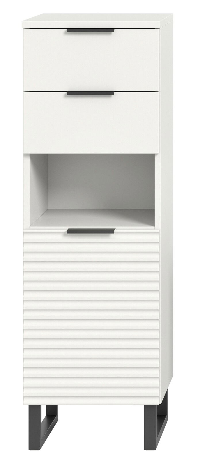 Weißer Standschrank mit zwei Schubladen, einem offenen Fach und einer geriffelten Tür, frontal betrachtet.