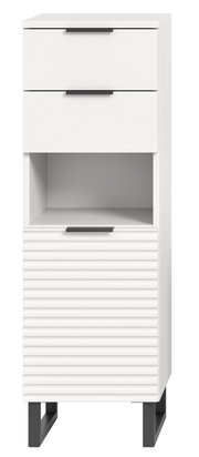 Weißer Standschrank mit zwei Schubladen, einem offenen Fach und einer geriffelten Tür, frontal betrachtet.