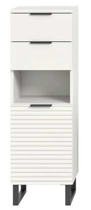 Weißer Standschrank mit zwei Schubladen, einem offenen Fach und einer geriffelten Tür, frontal betrachtet.