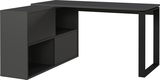 Schwarzer Winkelschreibtisch mit integriertem Regal, seitliche Perspektive