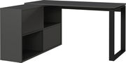 Schwarzer Winkelschreibtisch mit integriertem Regal, seitliche Perspektive