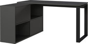 Schwarzer Winkelschreibtisch mit integriertem Regal, seitliche Perspektive