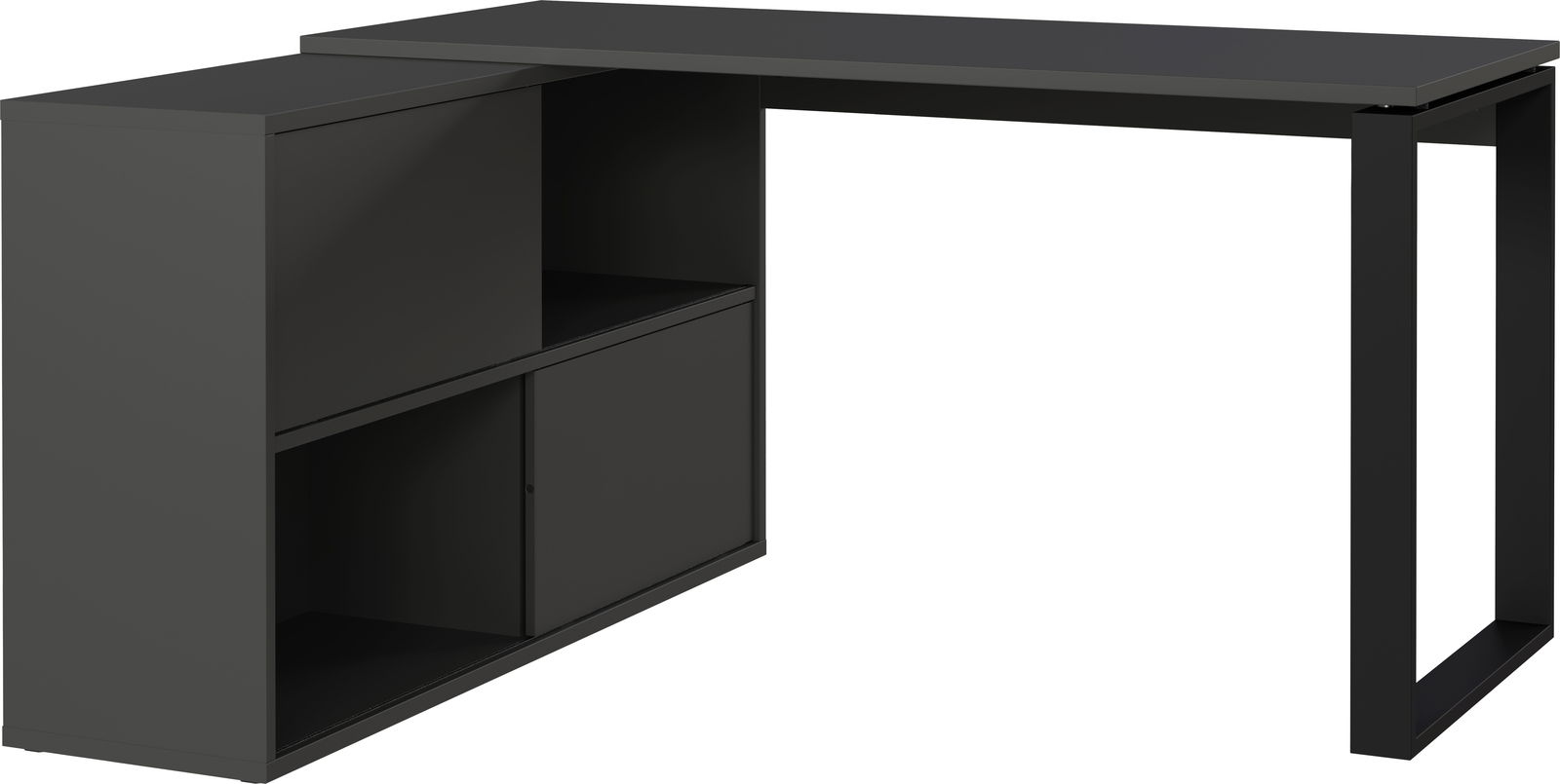 Schwarzer Winkelschreibtisch mit integriertem Regal, seitliche Perspektive