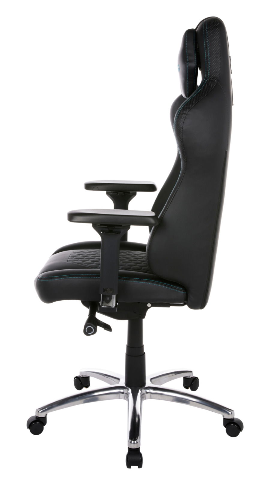 Seitliche Ansicht eines schwarzen Gaming-Stuhls mit verstellbaren Armlehnen und ergonomischem Design.