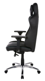 Seitliche Ansicht eines schwarzen Gaming-Stuhls mit verstellbaren Armlehnen und ergonomischem Design.