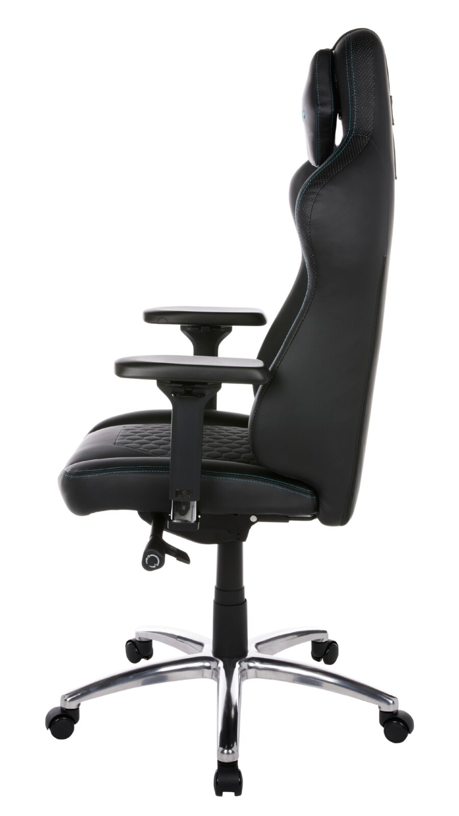 Seitliche Ansicht eines schwarzen Gaming-Stuhls mit verstellbaren Armlehnen und ergonomischem Design.