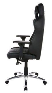 Seitliche Ansicht eines schwarzen Gaming-Stuhls mit verstellbaren Armlehnen und ergonomischem Design.