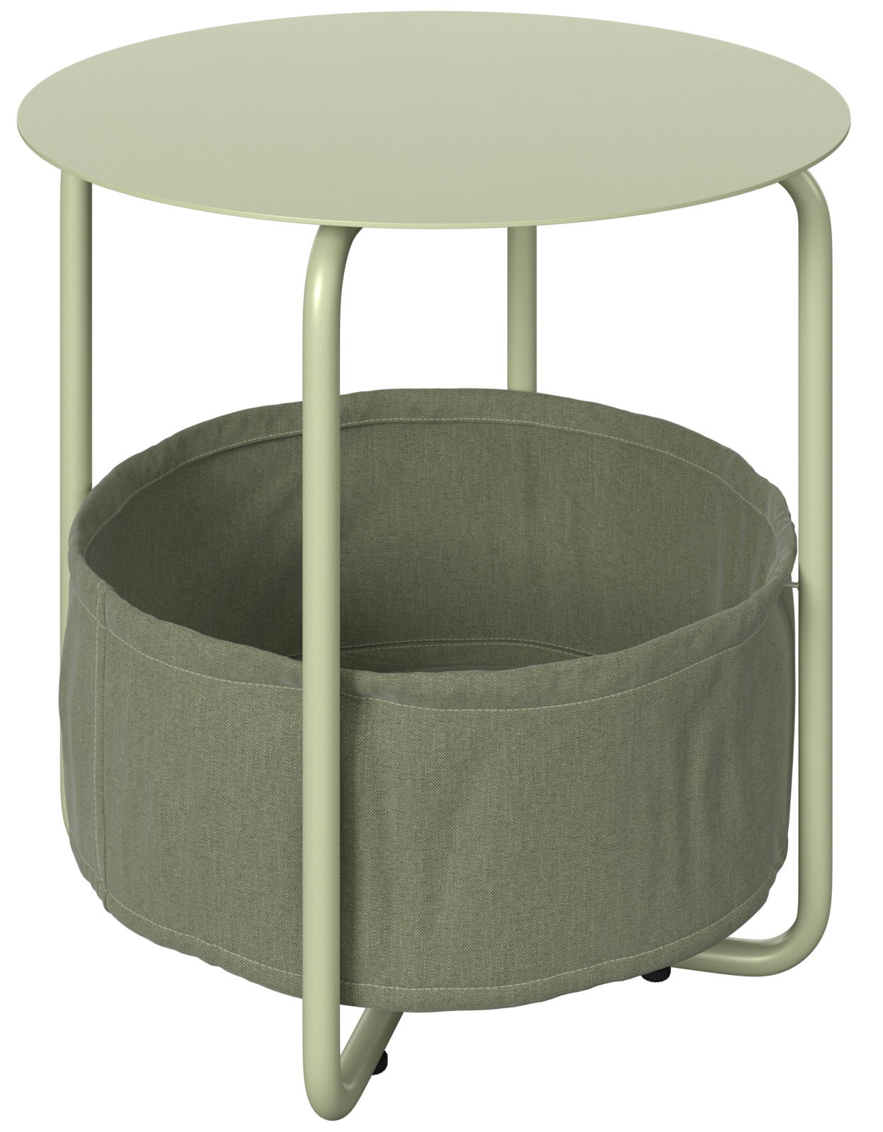Runder Beistelltisch mit Metallgestell und Stoffkorb, seitliche Perspektive