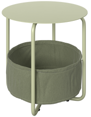 Runder Beistelltisch mit Metallgestell und Stoffkorb, seitliche Perspektive