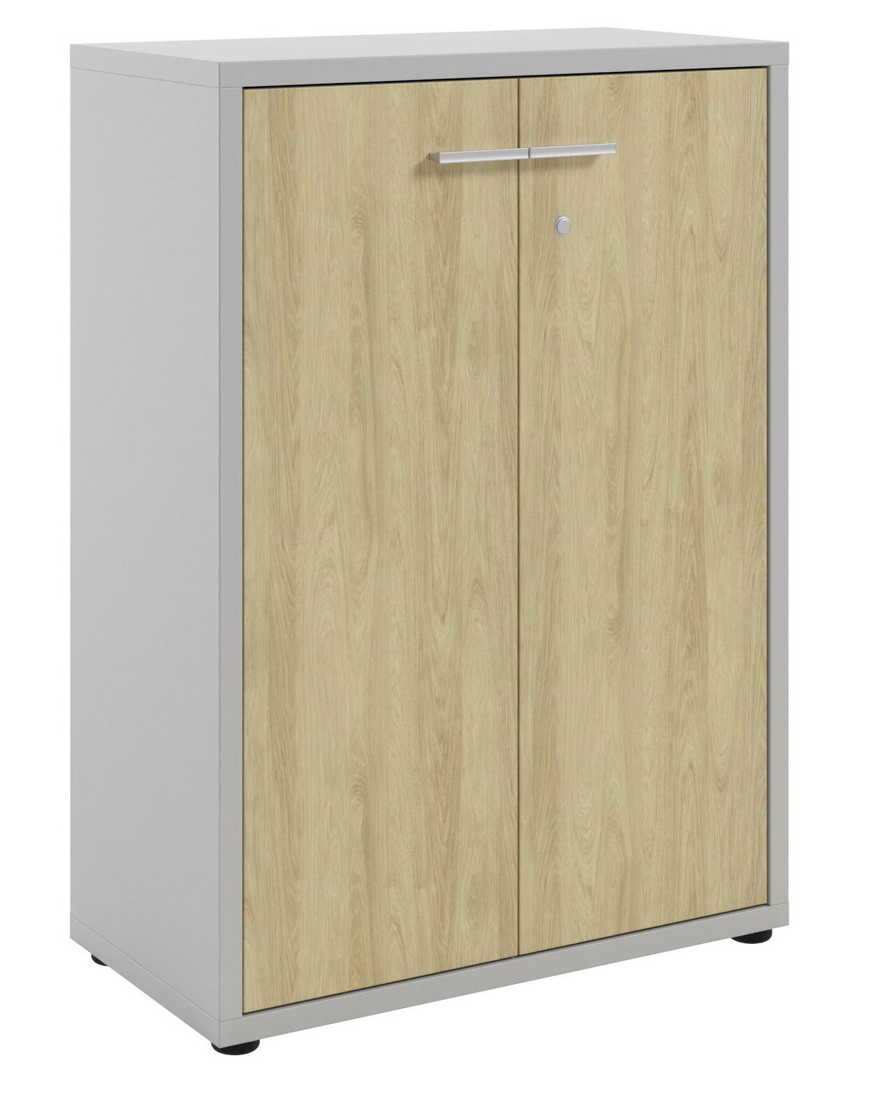 Aktenschrank mit zwei Holztüren, silbernem Rahmen und Griffen, seitliche Perspektive