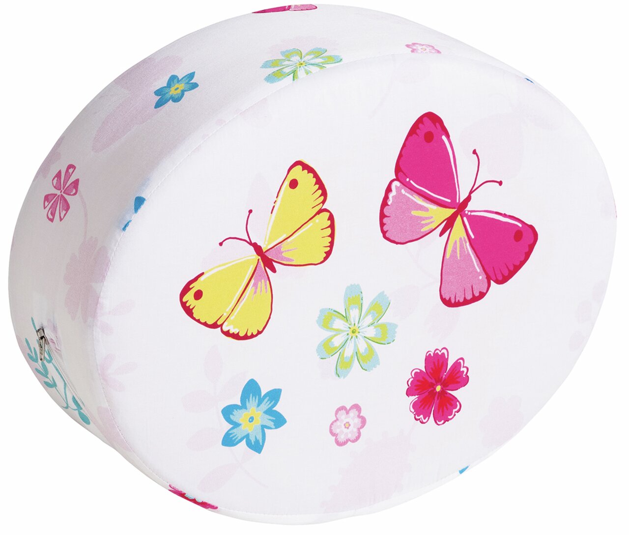 Steckkissen in ovaler Form mit buntem Schmetterlings- und Blumenmuster, seitliche Perspektive