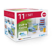 Frontalansicht einer Verpackung des 11-teiligen Frischhaltedosen-Sets von Emsa, Clip & Close, mit blauen Deckeln und Frische-Dichtung, Made in Germany.