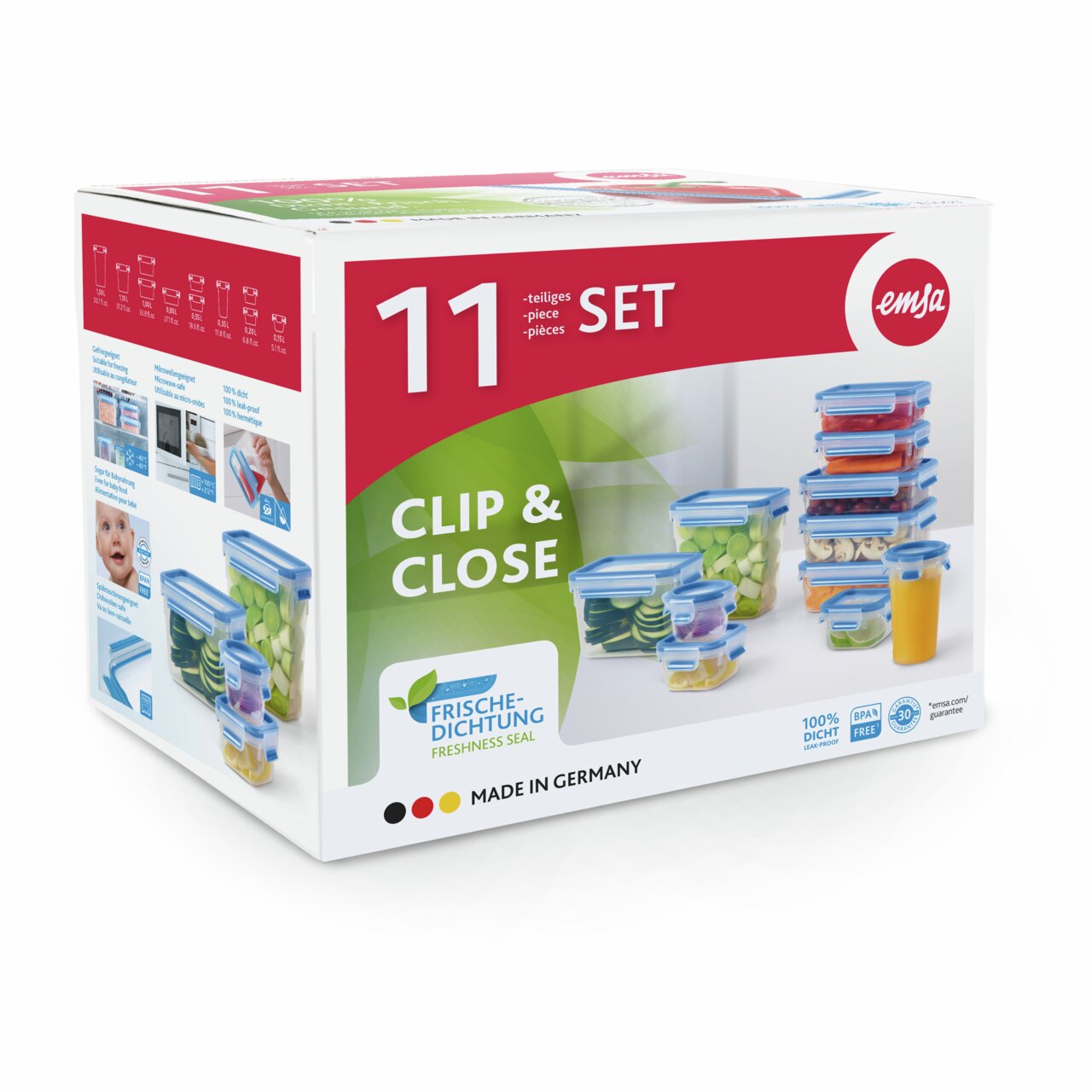 Frontalansicht einer Verpackung des 11-teiligen Frischhaltedosen-Sets von Emsa, Clip & Close, mit blauen Deckeln und Frische-Dichtung, Made in Germany.