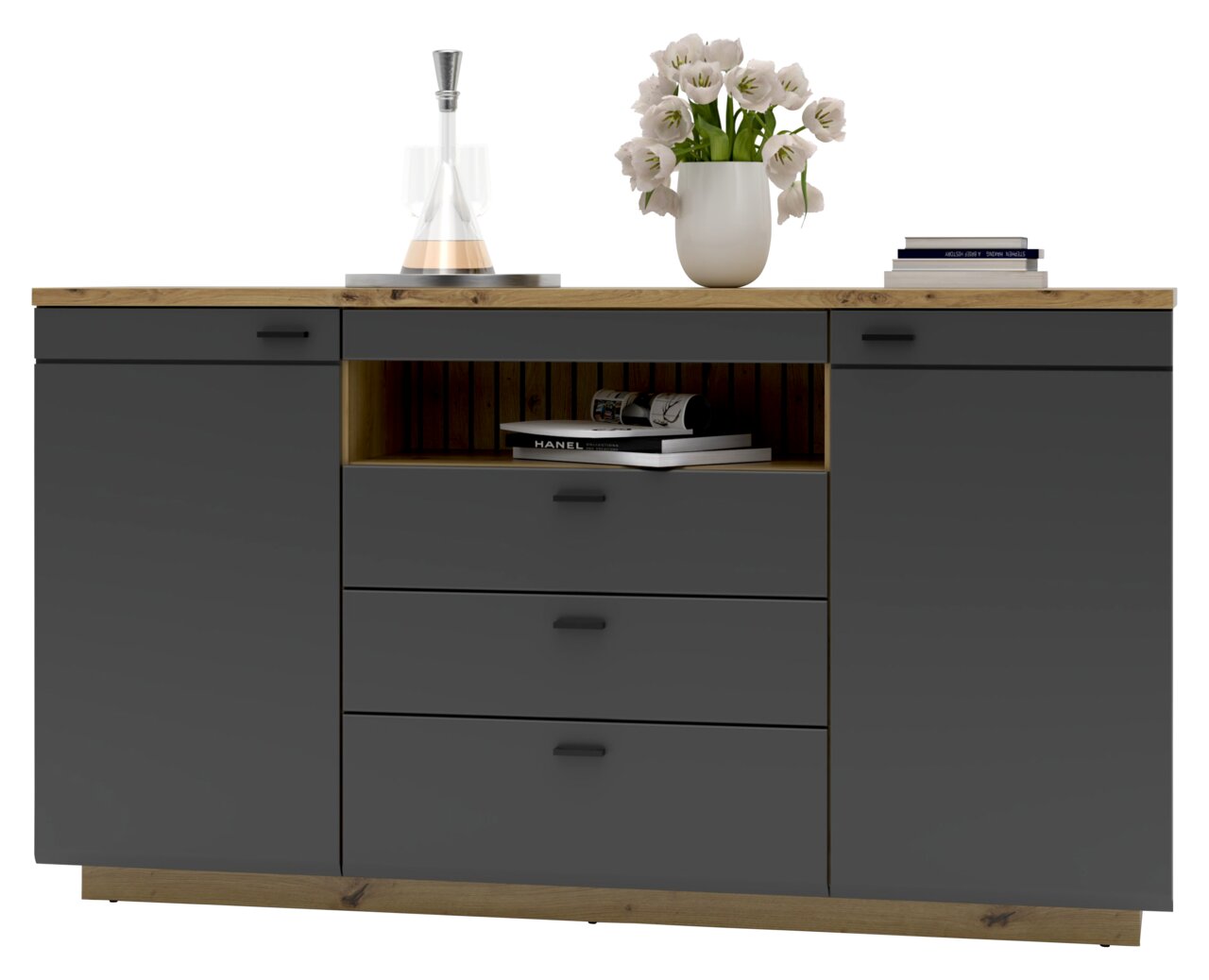 Stylife Sideboard RENO Frontale Ansicht eines modernen Sideboards mit grauen Schubladen und Türen, einer Holzplatte, dekoriert mit einer Vase voller Blumen, Büchern und einer Karaffe.