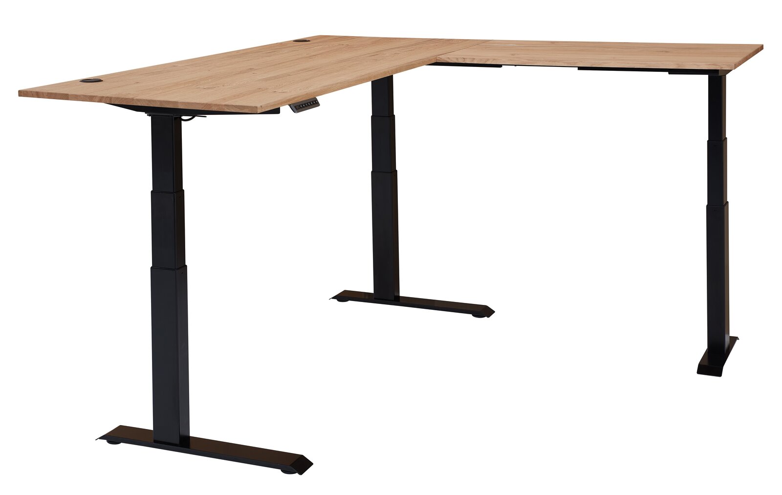 Moderner höhenverstellbarer Eckschreibtisch mit Holzfurnier-Oberfläche und schwarzem Metallgestell, seitliche Perspektive