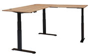 Moderner höhenverstellbarer Eckschreibtisch mit Holzfurnier-Oberfläche und schwarzem Metallgestell, seitliche Perspektive