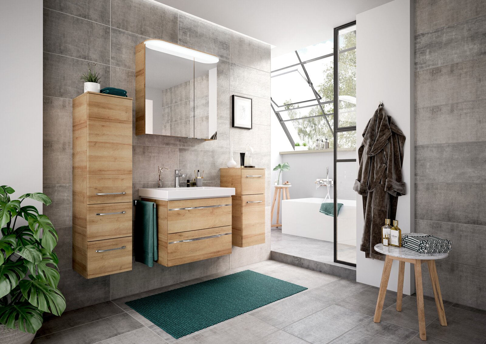 Moderne Badezimmermöbel in Holzoptik mit Waschbecken und Spiegel, seitliche Perspektive