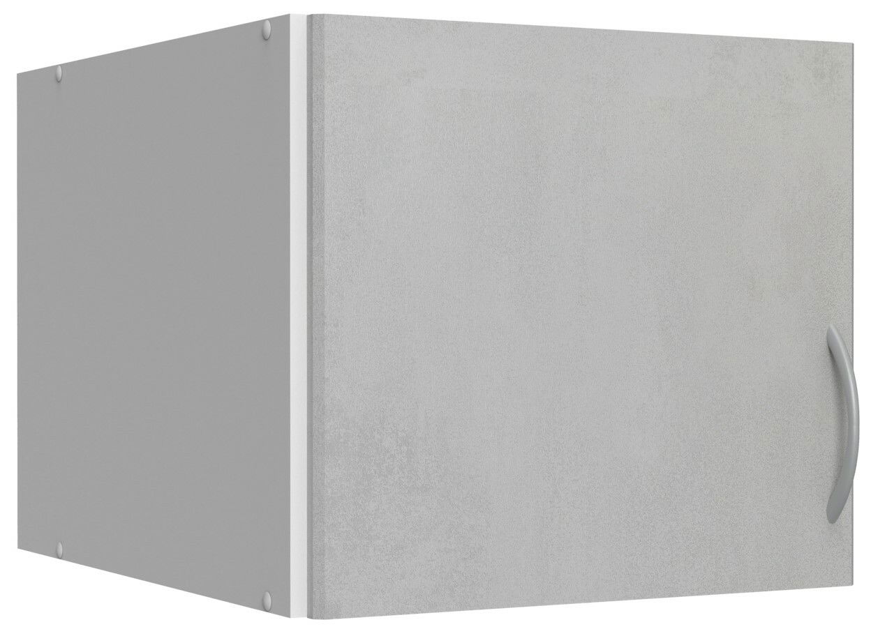 Grauer Schrankaufsatz mit Tür und Griff, seitliche Perspektive