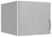 Grauer Schrankaufsatz mit Tür und Griff, seitliche Perspektive