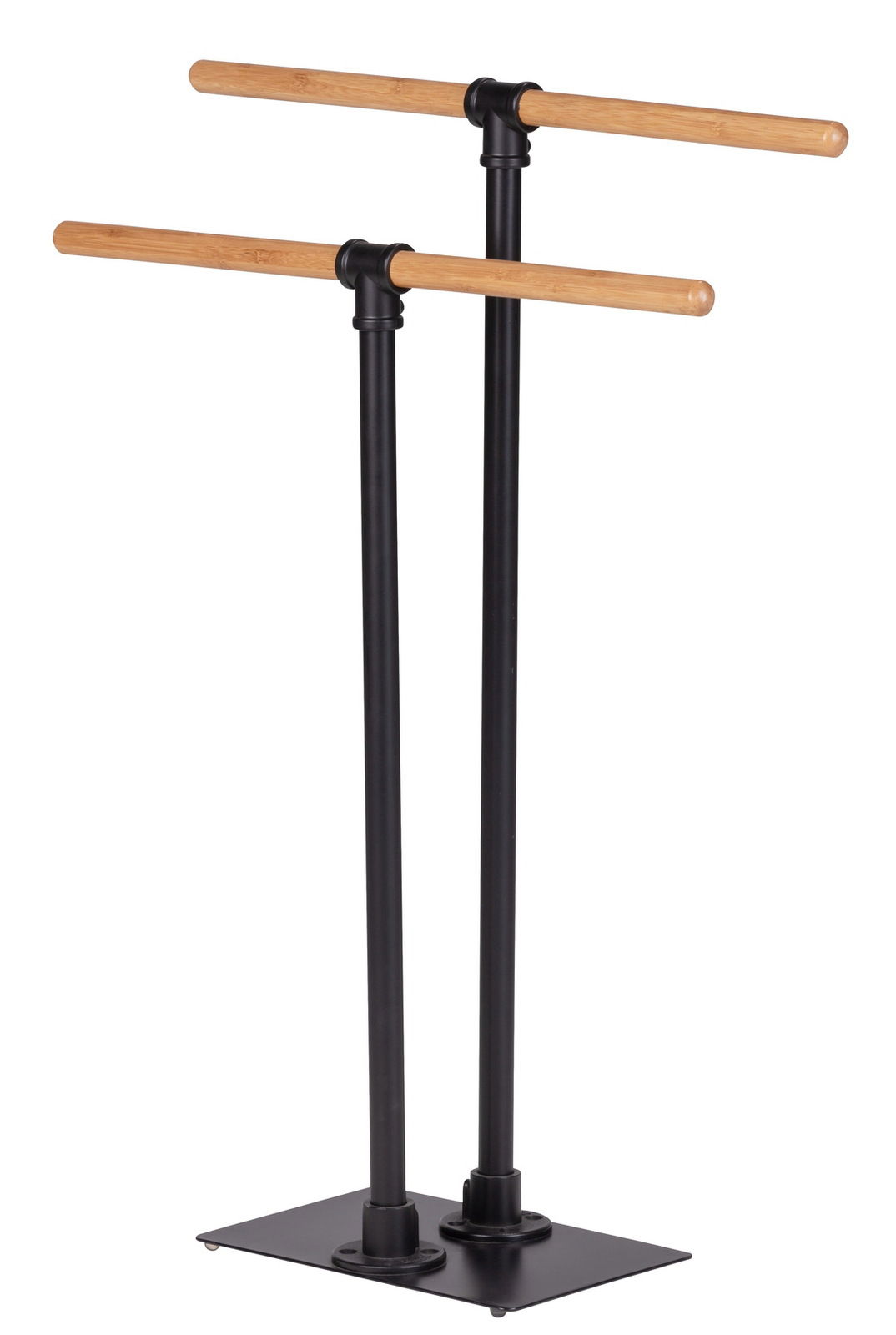Moderner Handtuchständer mit zwei schwarzen Metallstangen und Holzgriffen, seitliche Perspektive.