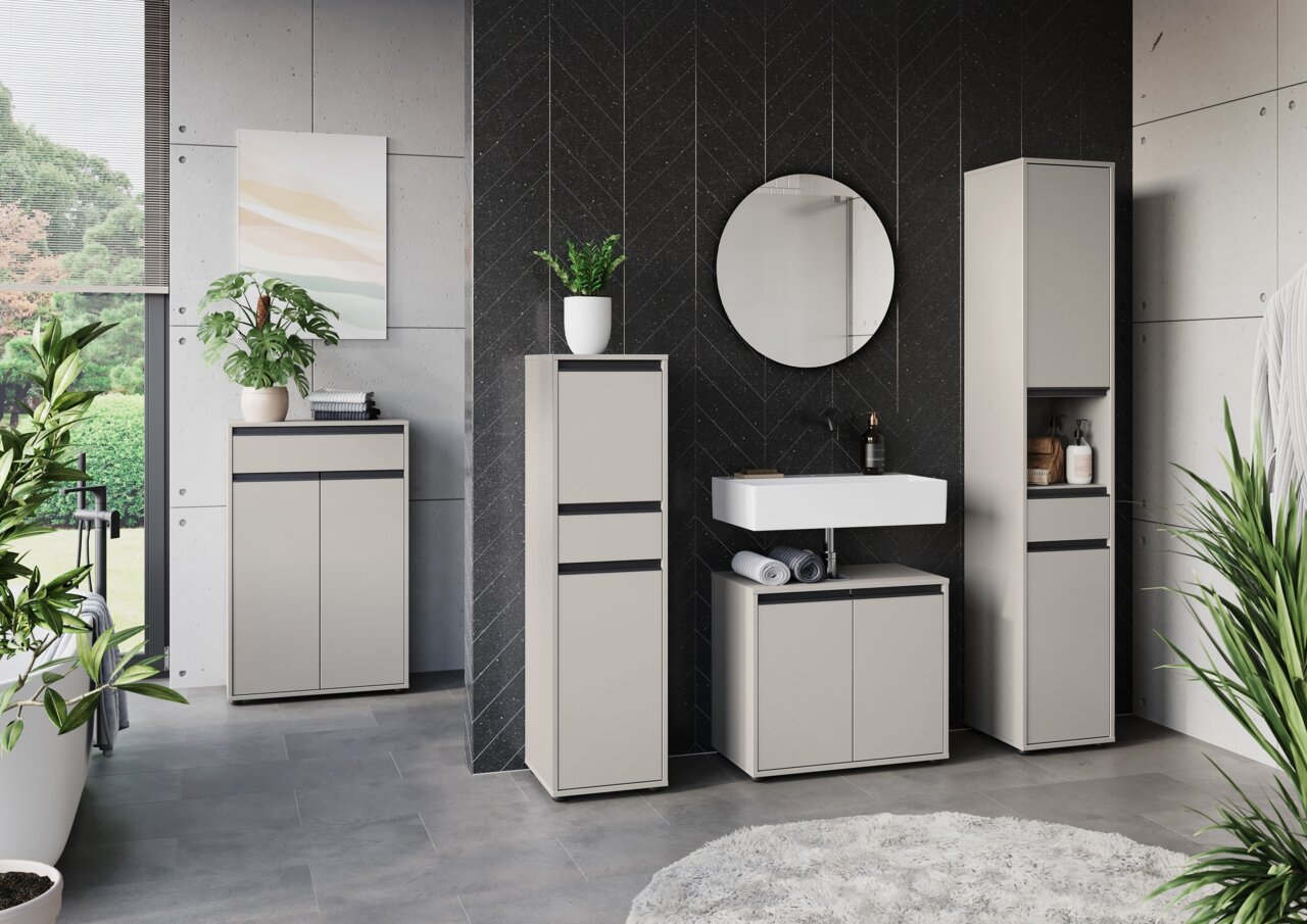 Moderne Badezimmermöbel in einem eleganten, minimalistischen Design mit grauen Schränken und einem runden Spiegel, aus der Frontalperspektive betrachtet.