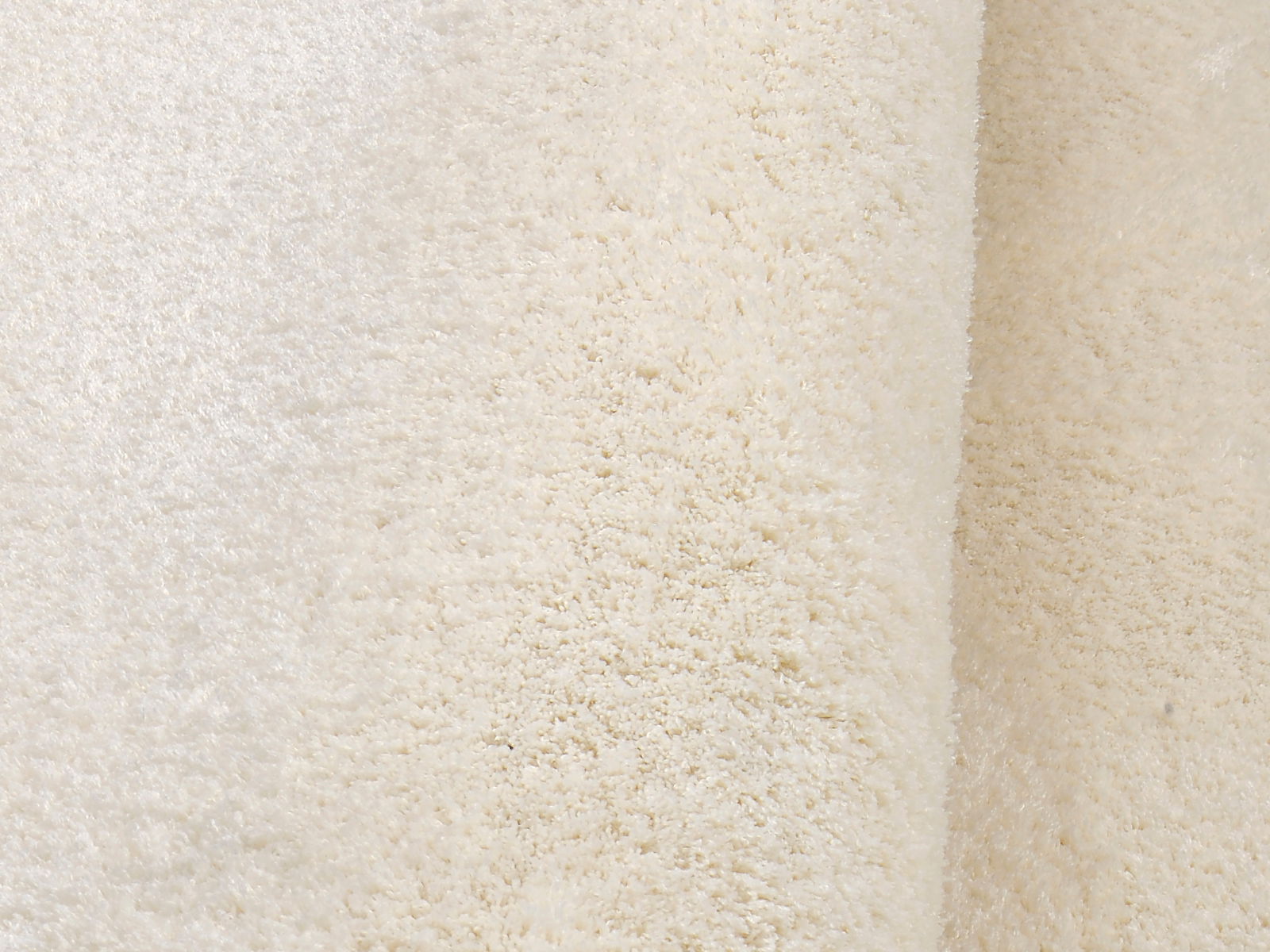 Nahaufnahme eines weichen, cremefarbenen Teppichs mit flauschiger Textur, seitliche Perspektive.