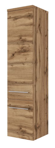 Holzfarbener Midischrank mit zwei Schubladen, seitliche Perspektive