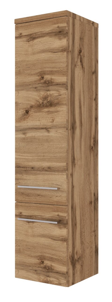 Holzfarbener Midischrank mit zwei Schubladen, seitliche Perspektive