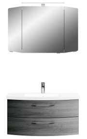 Moderne Badkombination mit Spiegelschrank und Waschbeckenunterschrank in Holzoptik, Frontalansicht
