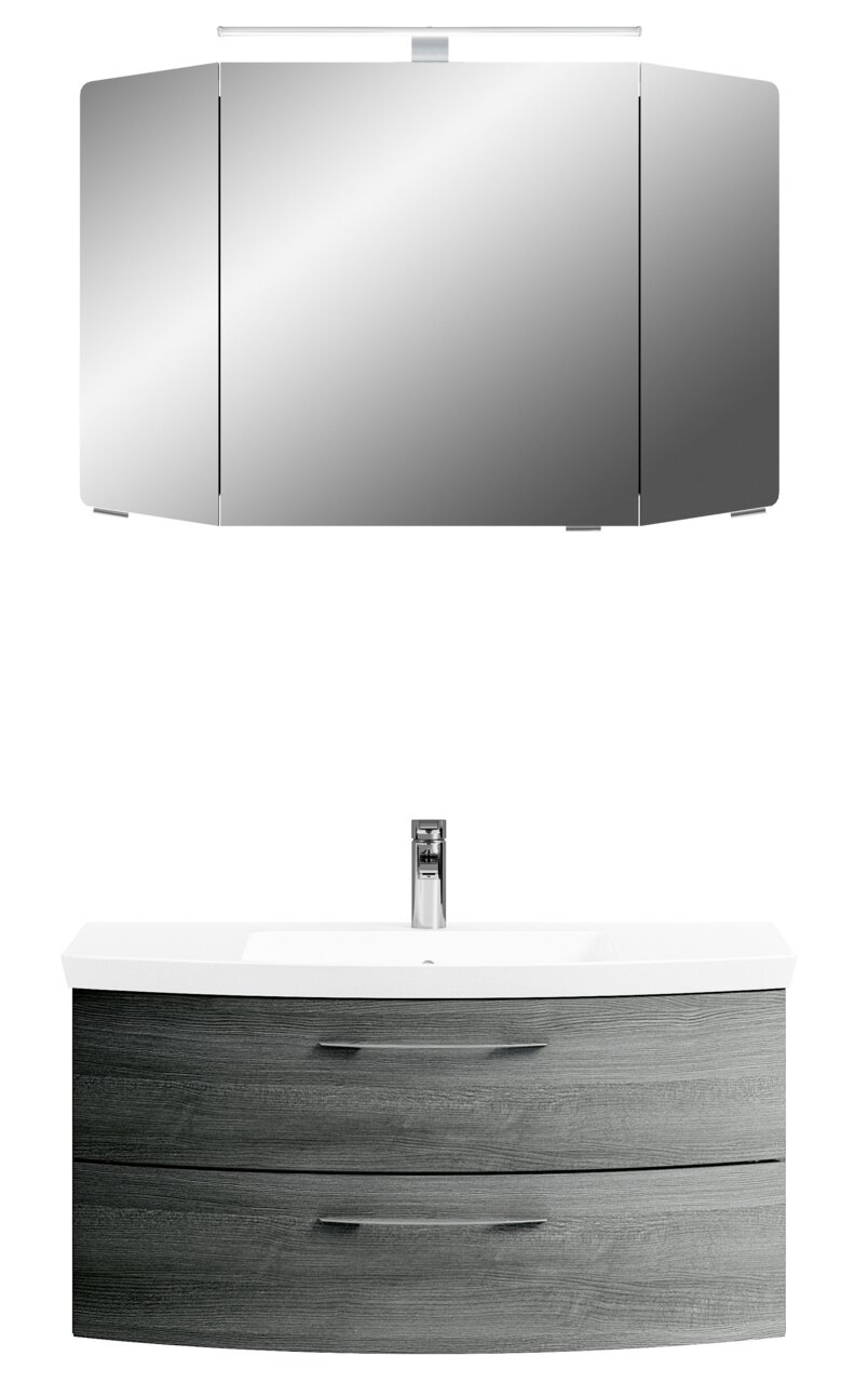 Moderne Badkombination mit Spiegelschrank und Waschbeckenunterschrank in Holzoptik, Frontalansicht