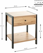 Nachtkommode aus Holz mit schwarzem Metallrahmen, eine Schublade und ein offenes Fach, Perspektive von vorne links