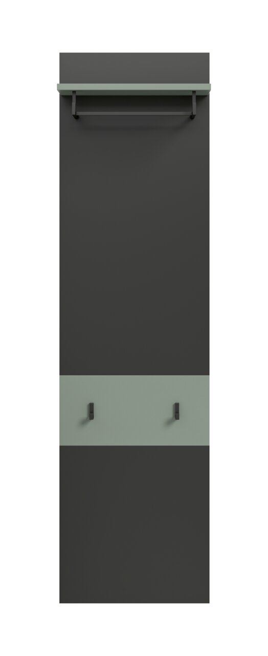 Moderne Wandgarderobe in Anthrazit mit mintgrüner Ablage und zwei Haken, Frontansicht