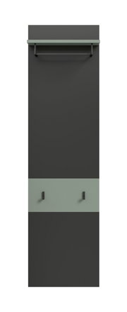 Moderne Wandgarderobe in Anthrazit mit mintgrüner Ablage und zwei Haken, Frontansicht