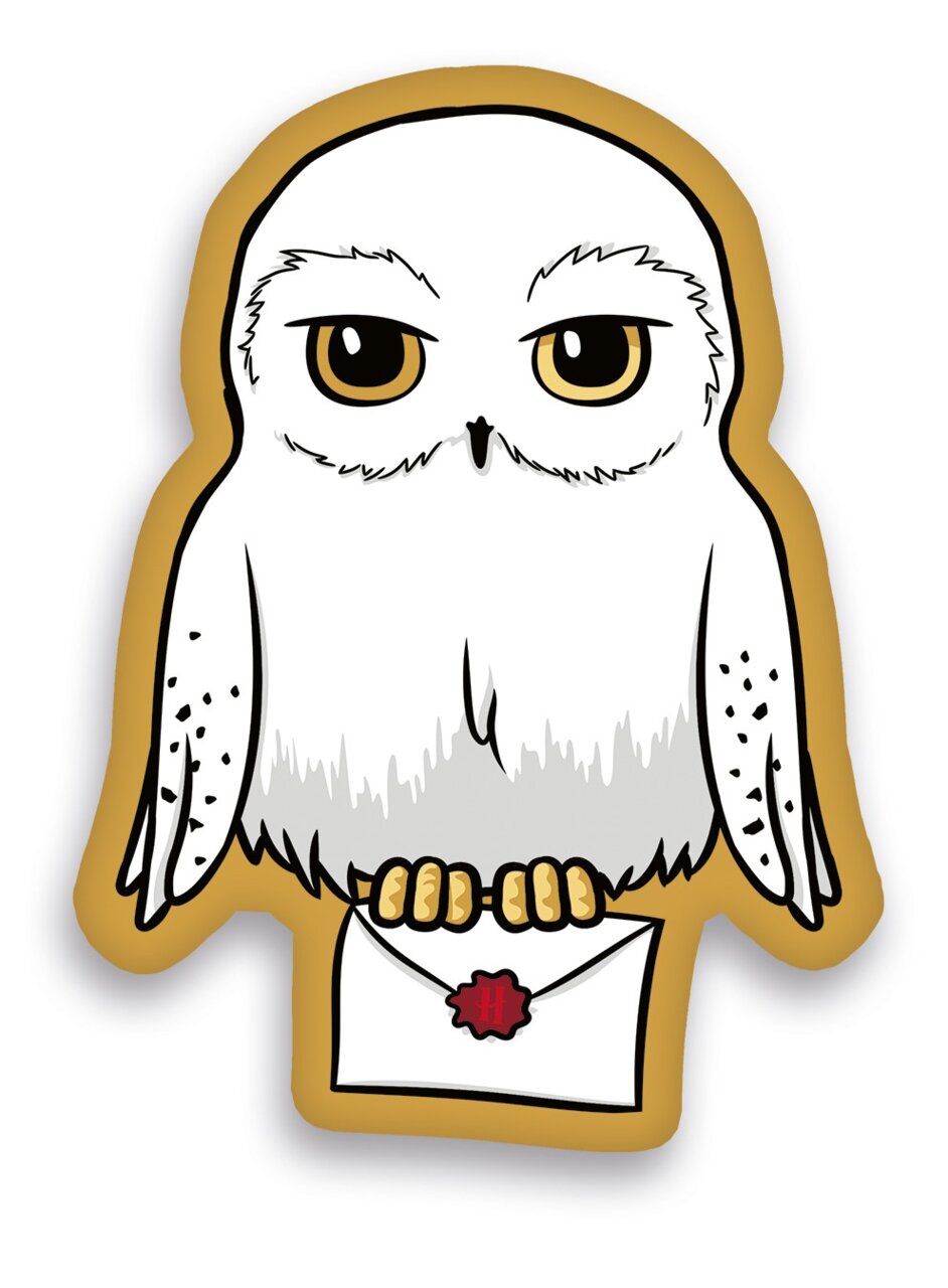 Eulenförmiges Kissen mit einer weißen Eule, die einen Brief mit rotem Siegel in den Krallen hält, Frontalansicht.