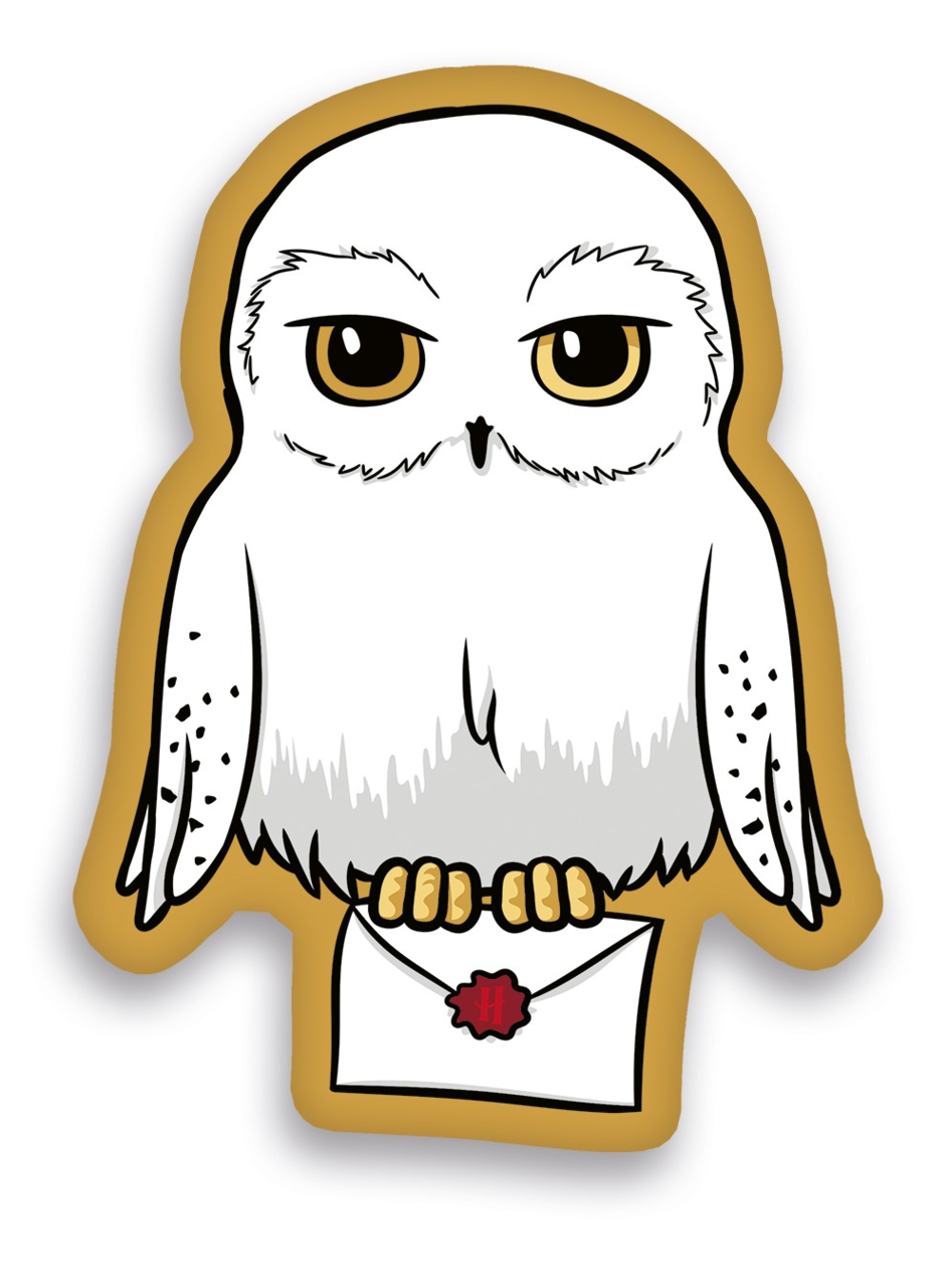 Eulenförmiges Kissen mit einer weißen Eule, die einen Brief mit rotem Siegel in den Krallen hält, Frontalansicht.