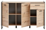 Frontale Ansicht eines Sideboards aus Holz mit offenen Türen und Fächern.