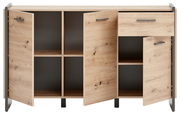 Frontale Ansicht eines Sideboards aus Holz mit offenen Türen und Fächern.