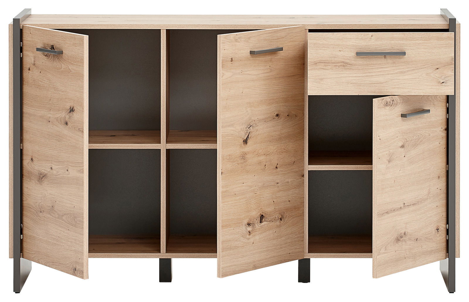 Frontale Ansicht eines Sideboards aus Holz mit offenen Türen und Fächern.