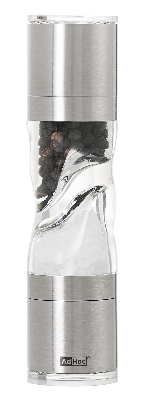 Pfeffer- und Salz-Doppelmühle aus Edelstahl und transparentem Kunststoff, frontal abgebildet, mit sichtbaren Pfefferkörnern und Salz.
