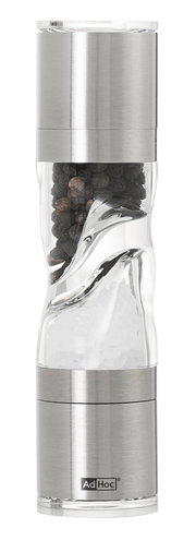 Pfeffer- und Salz-Doppelmühle aus Edelstahl und transparentem Kunststoff, frontal abgebildet, mit sichtbaren Pfefferkörnern und Salz.
