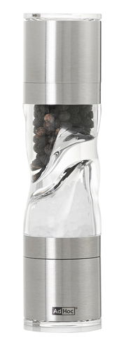 Pfeffer- und Salz-Doppelmühle aus Edelstahl und transparentem Kunststoff, frontal abgebildet, mit sichtbaren Pfefferkörnern und Salz.