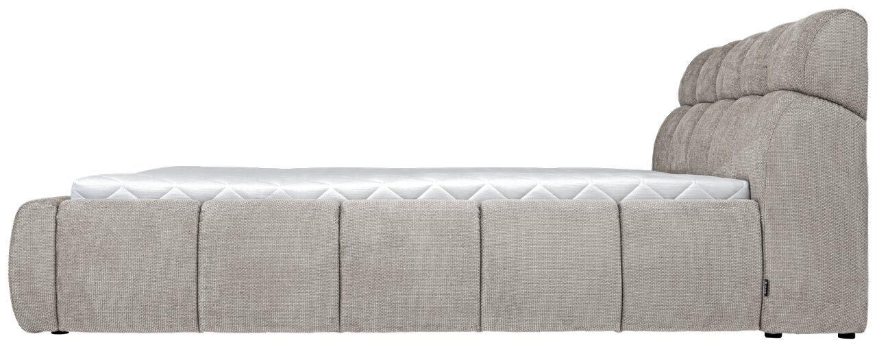 Seitenansicht eines grauen Polsterbetts mit gestepptem Kopfteil und sichtbarer Matratze.